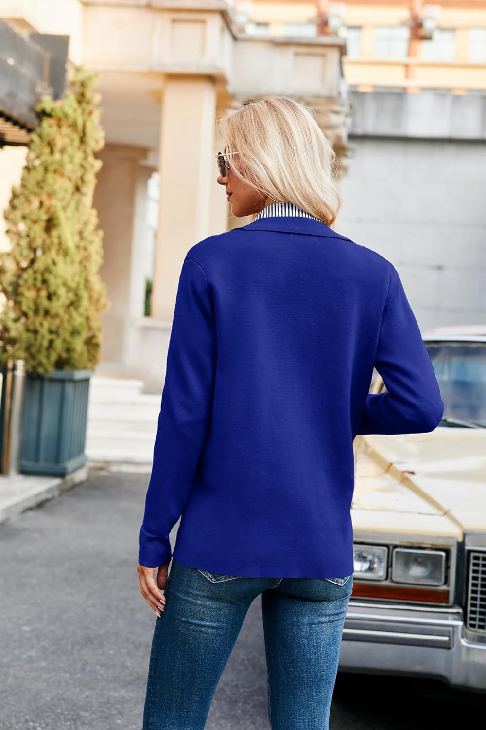 GRACE KARIN Women Casual Cardigan Knit Button Down Shirts Long Sleeve Shacket Jacket with PocketsRoyal Blue