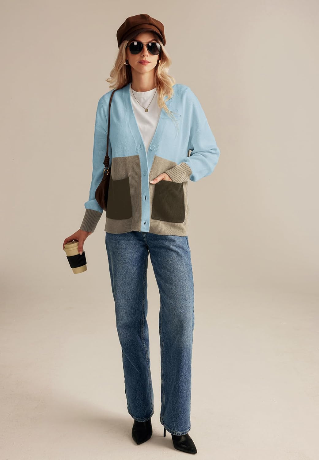 GRACE KARIN Womens Color Block Cardigan Sweater Long Sleeve Oversized Buttons Cardigans 2024 Fall Outfits with PocketsGray Blue