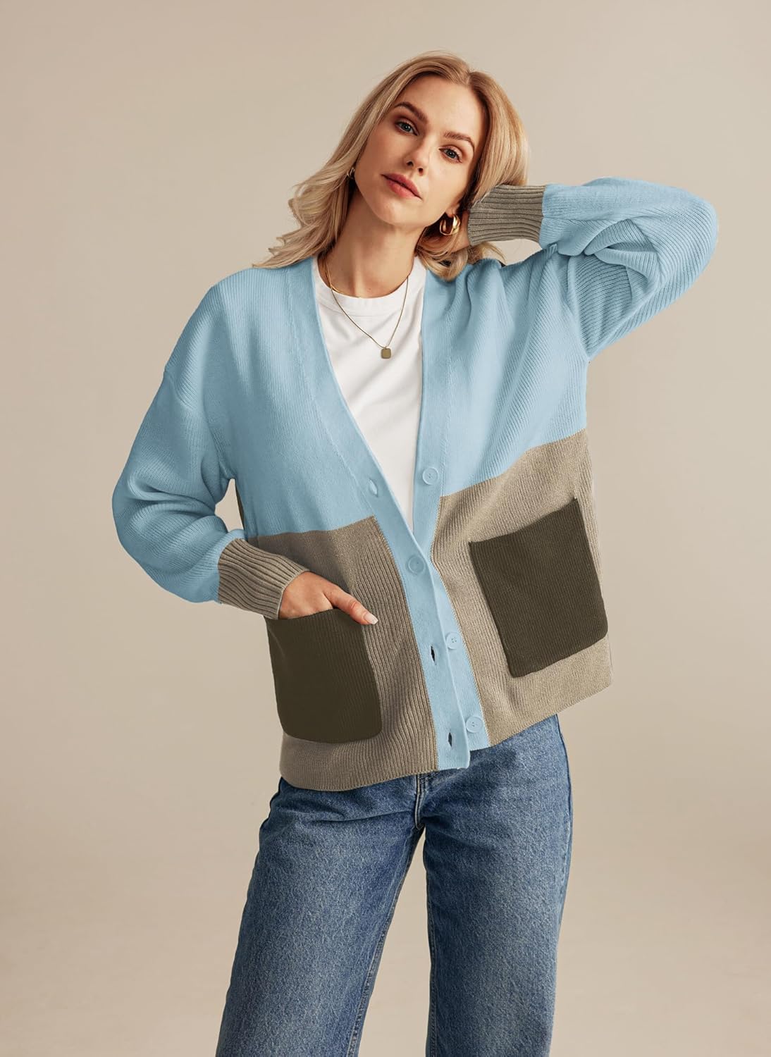 GRACE KARIN Womens Color Block Cardigan Sweater Long Sleeve Oversized Buttons Cardigans 2024 Fall Outfits with PocketsGray Blue