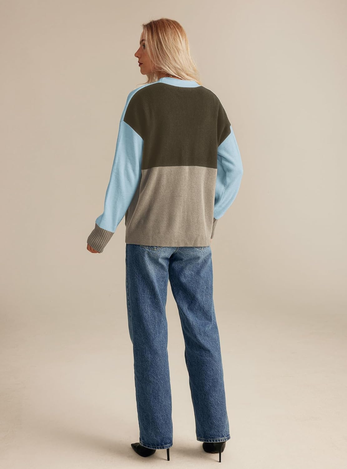 GRACE KARIN Womens Color Block Cardigan Sweater Long Sleeve Oversized Buttons Cardigans 2024 Fall Outfits with PocketsGray Blue