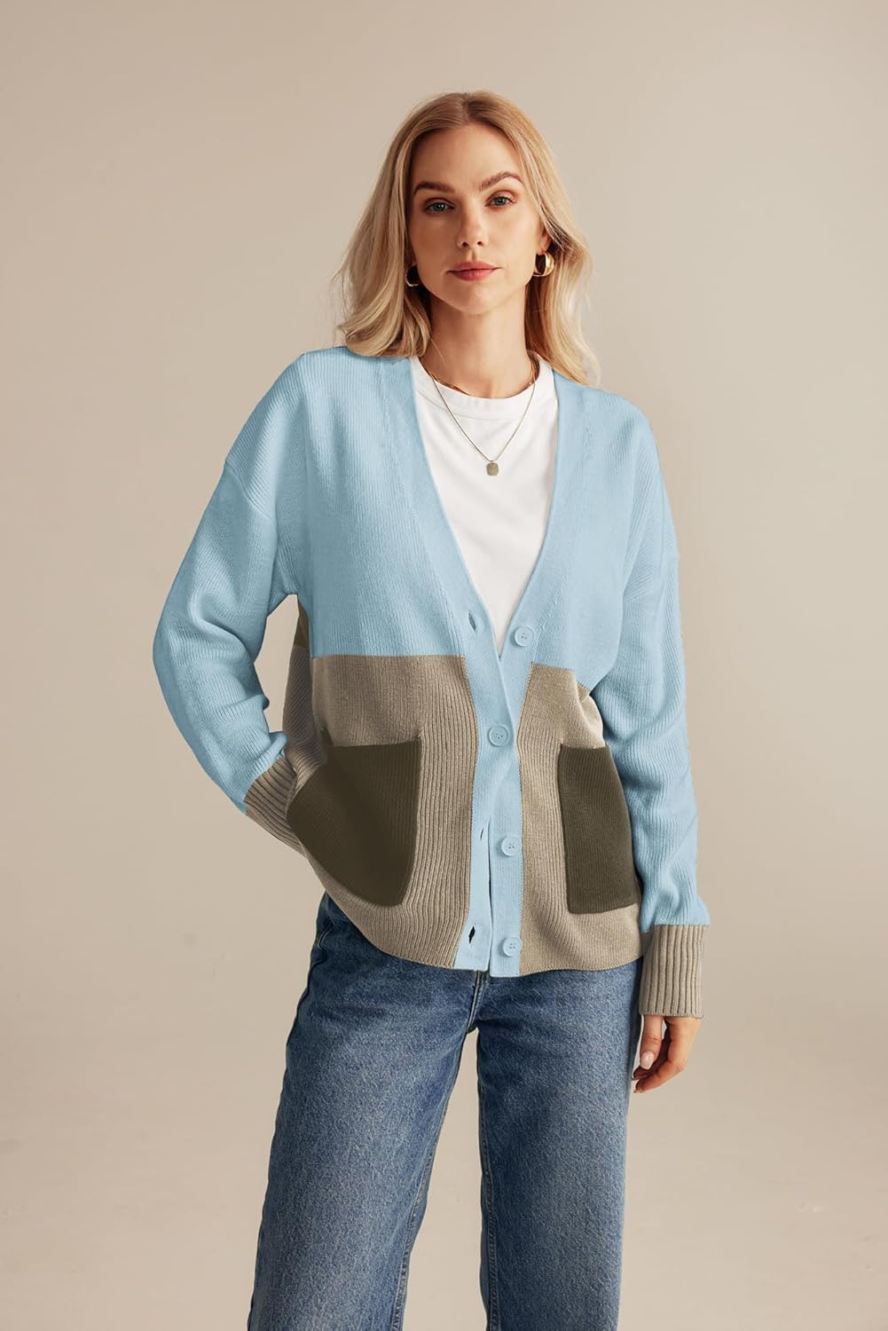 GRACE KARIN Womens Color Block Cardigan Sweater Long Sleeve Oversized Buttons Cardigans 2024 Fall Outfits with PocketsGray Blue
