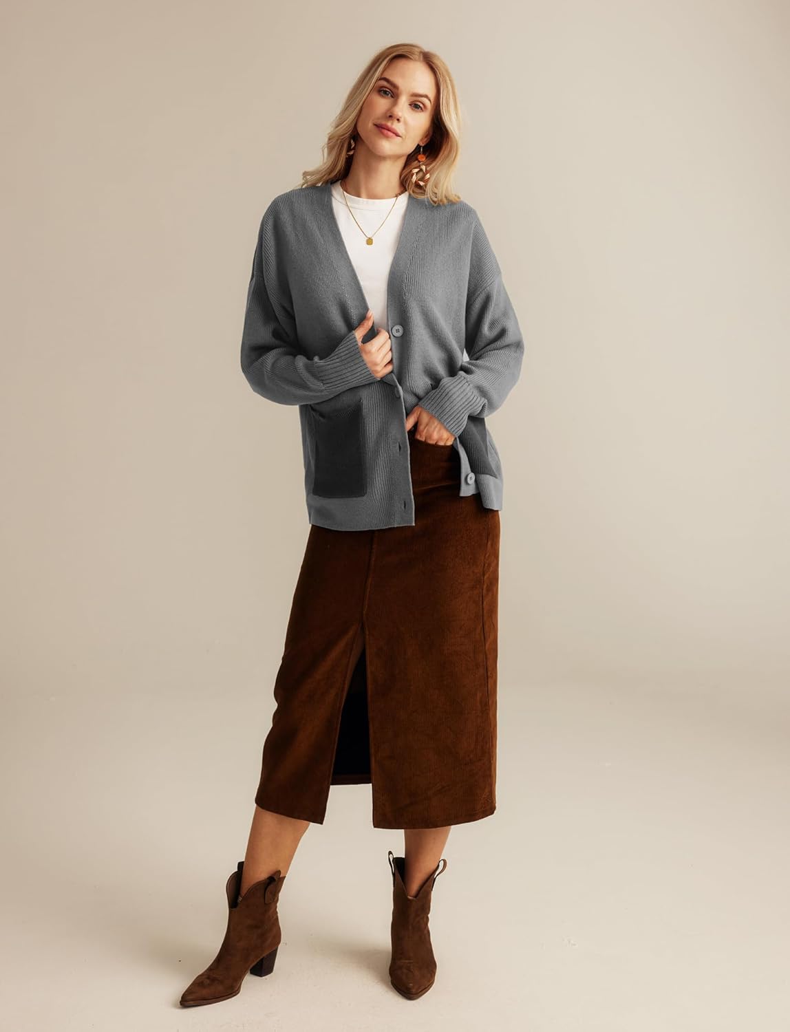 GRACE KARIN Womens Color Block Cardigan Sweater Long Sleeve Oversized Buttons Cardigans 2024 Fall Outfits with PocketsLight Gray