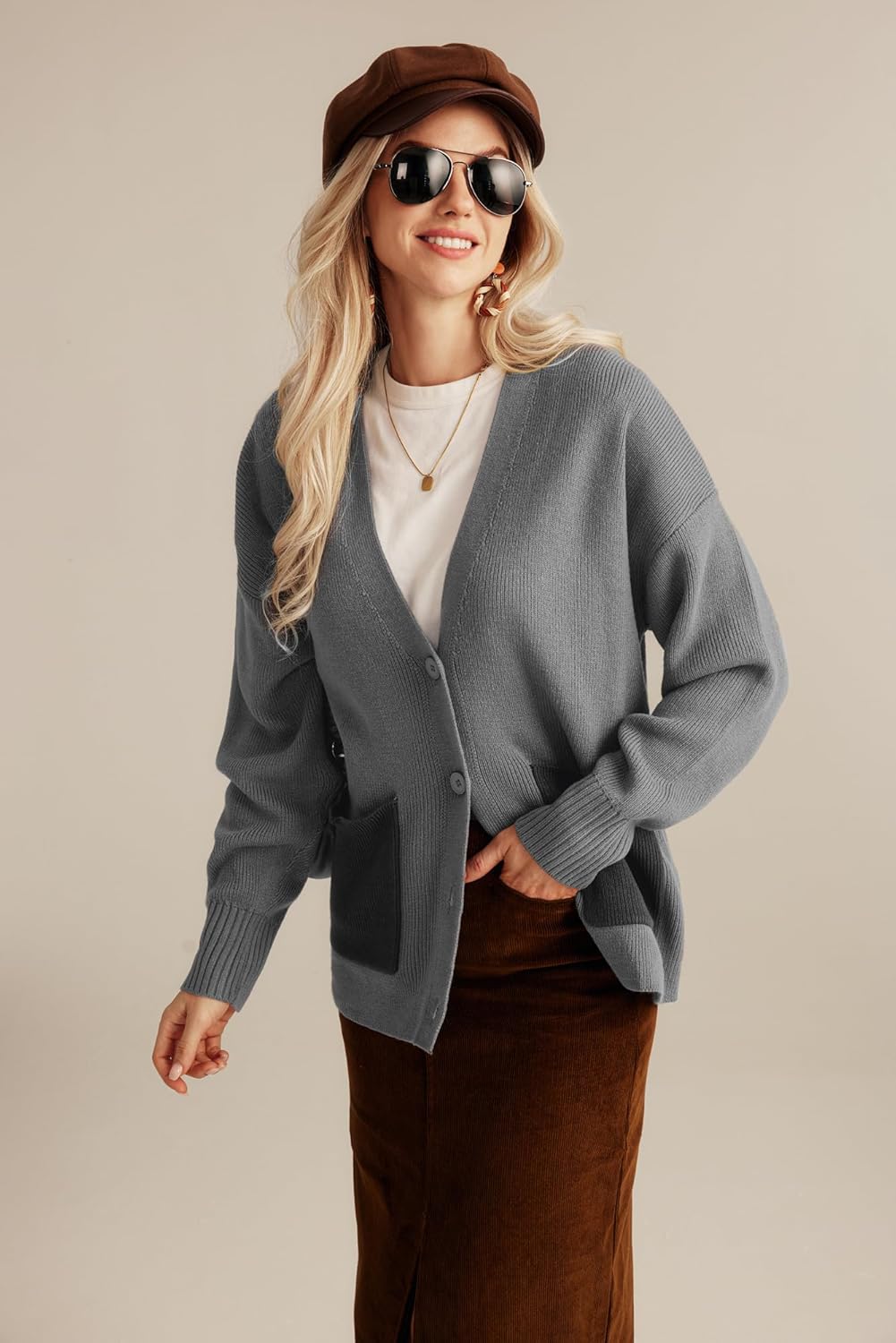GRACE KARIN Womens Color Block Cardigan Sweater Long Sleeve Oversized Buttons Cardigans 2024 Fall Outfits with PocketsLight Gray