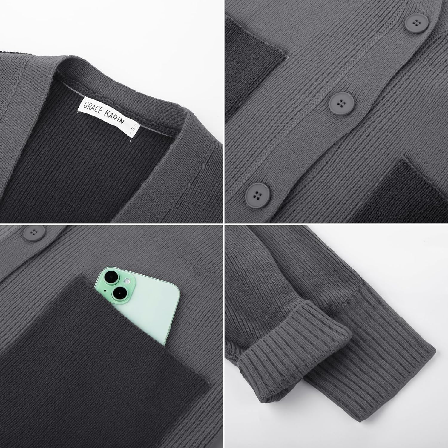 GRACE KARIN Womens Color Block Cardigan Sweater Long Sleeve Oversized Buttons Cardigans 2024 Fall Outfits with PocketsLight Gray