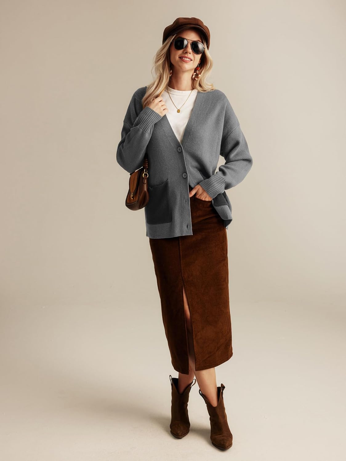 GRACE KARIN Womens Color Block Cardigan Sweater Long Sleeve Oversized Buttons Cardigans 2024 Fall Outfits with PocketsLight Gray