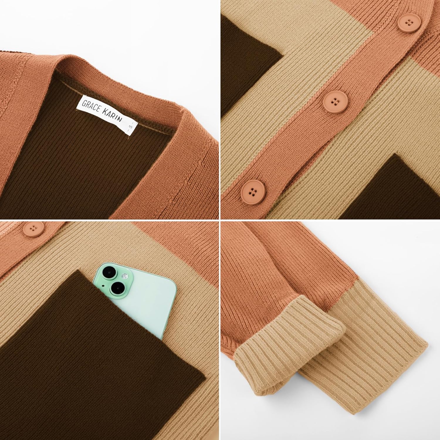 GRACE KARIN Womens Color Block Cardigan Sweater Long Sleeve Oversized Buttons Cardigans 2024 Fall Outfits with PocketsOrange