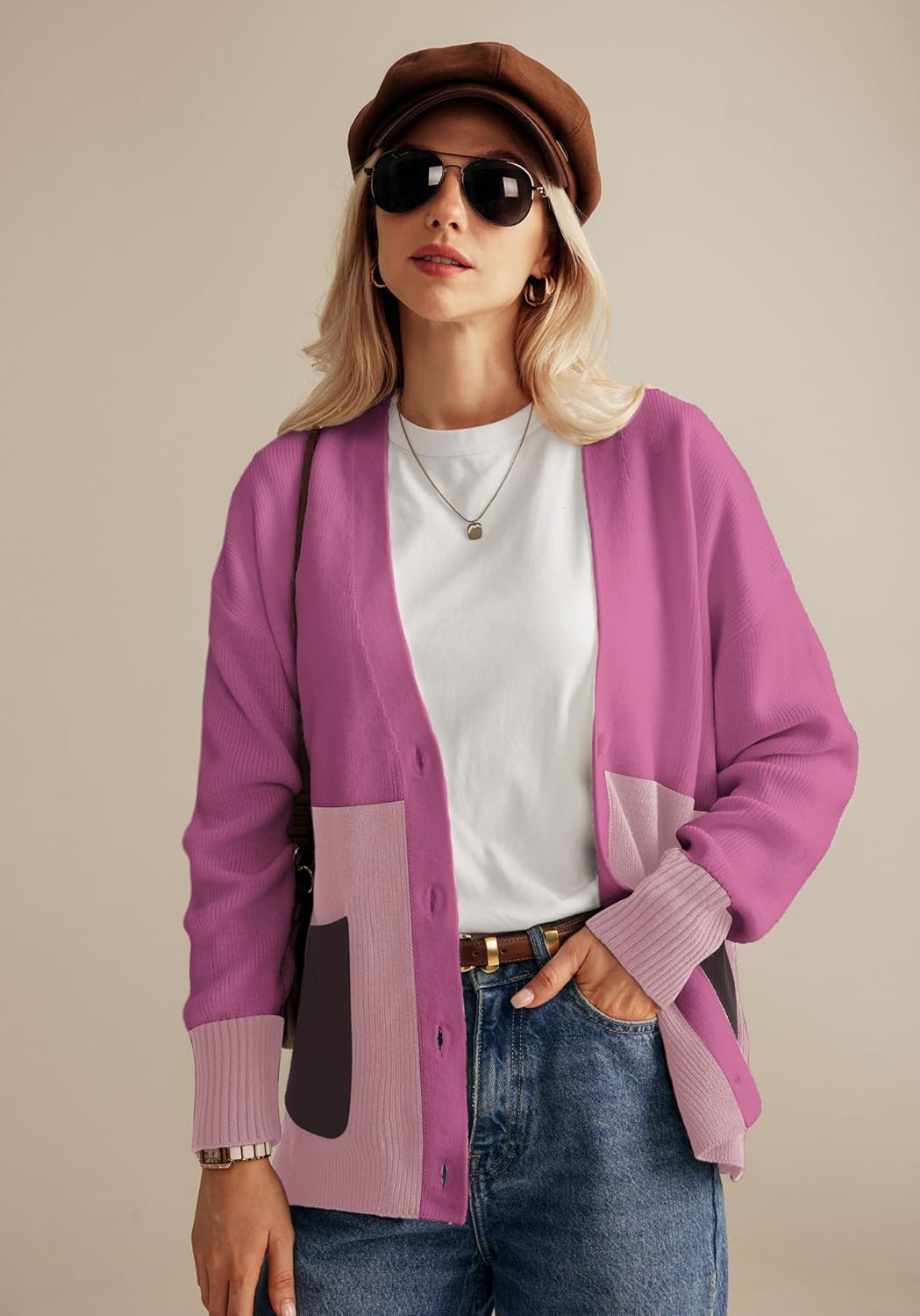 GRACE KARIN Womens Color Block Cardigan Sweater Long Sleeve Oversized Buttons Cardigans 2024 Fall Outfits with PocketsPurple