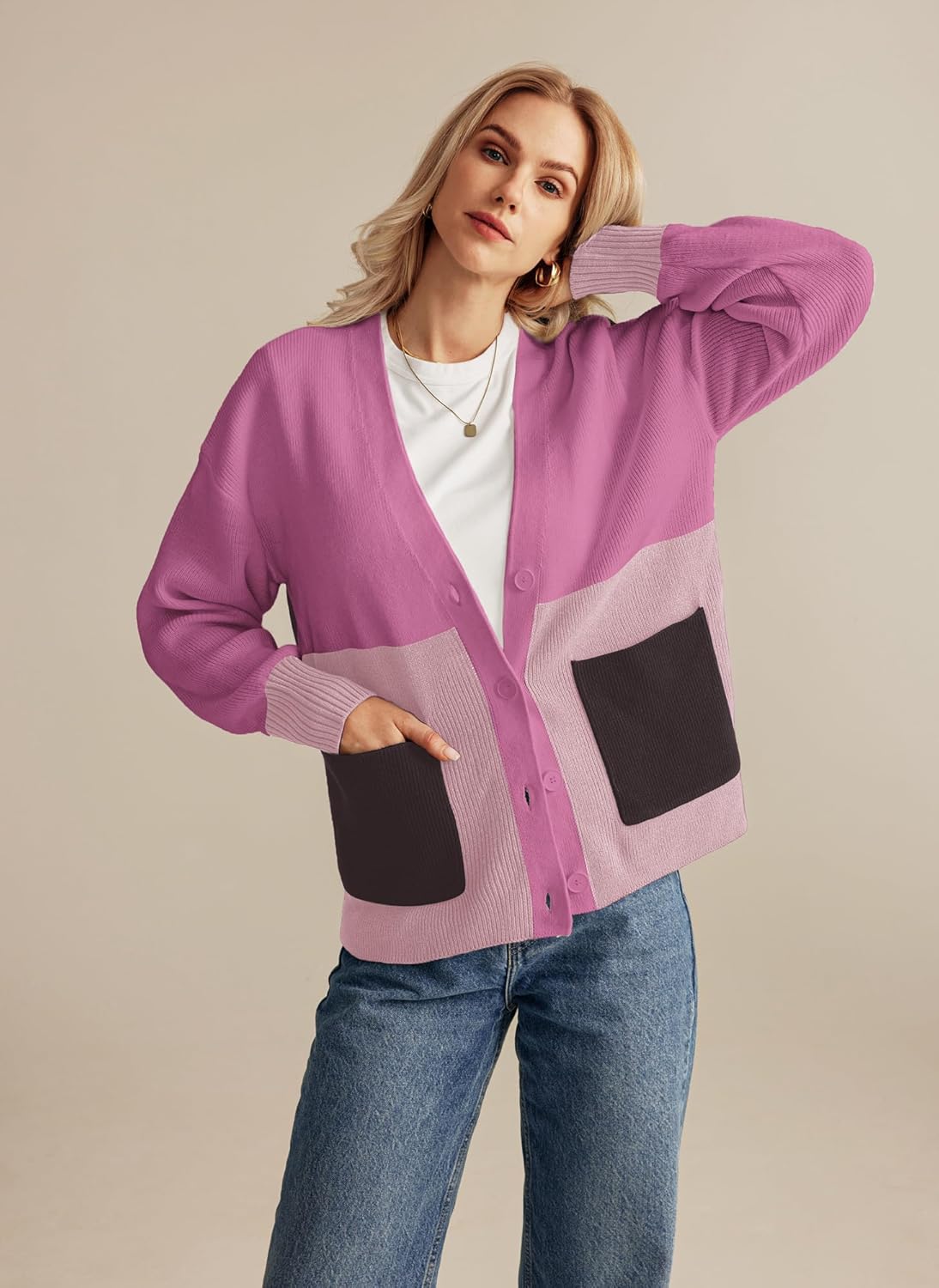 GRACE KARIN Womens Color Block Cardigan Sweater Long Sleeve Oversized Buttons Cardigans 2024 Fall Outfits with PocketsPurple