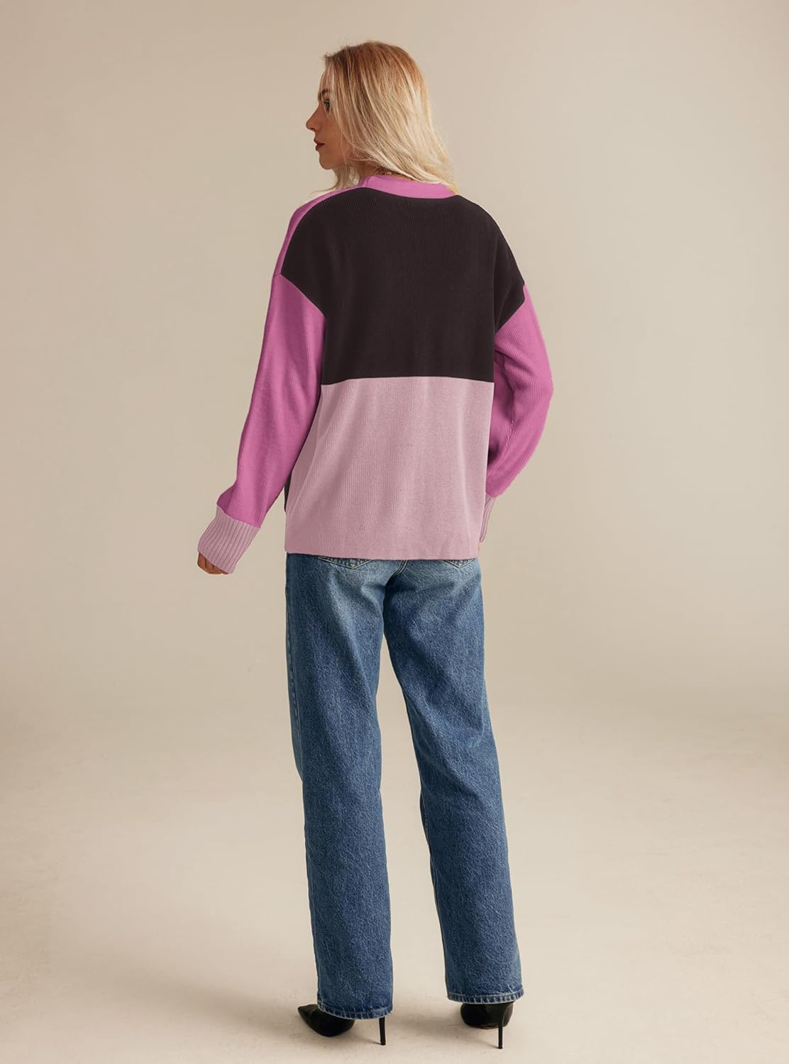 GRACE KARIN Womens Color Block Cardigan Sweater Long Sleeve Oversized Buttons Cardigans 2024 Fall Outfits with PocketsPurple