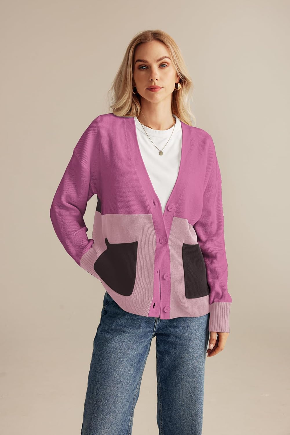 GRACE KARIN Womens Color Block Cardigan Sweater Long Sleeve Oversized Buttons Cardigans 2024 Fall Outfits with PocketsPurple