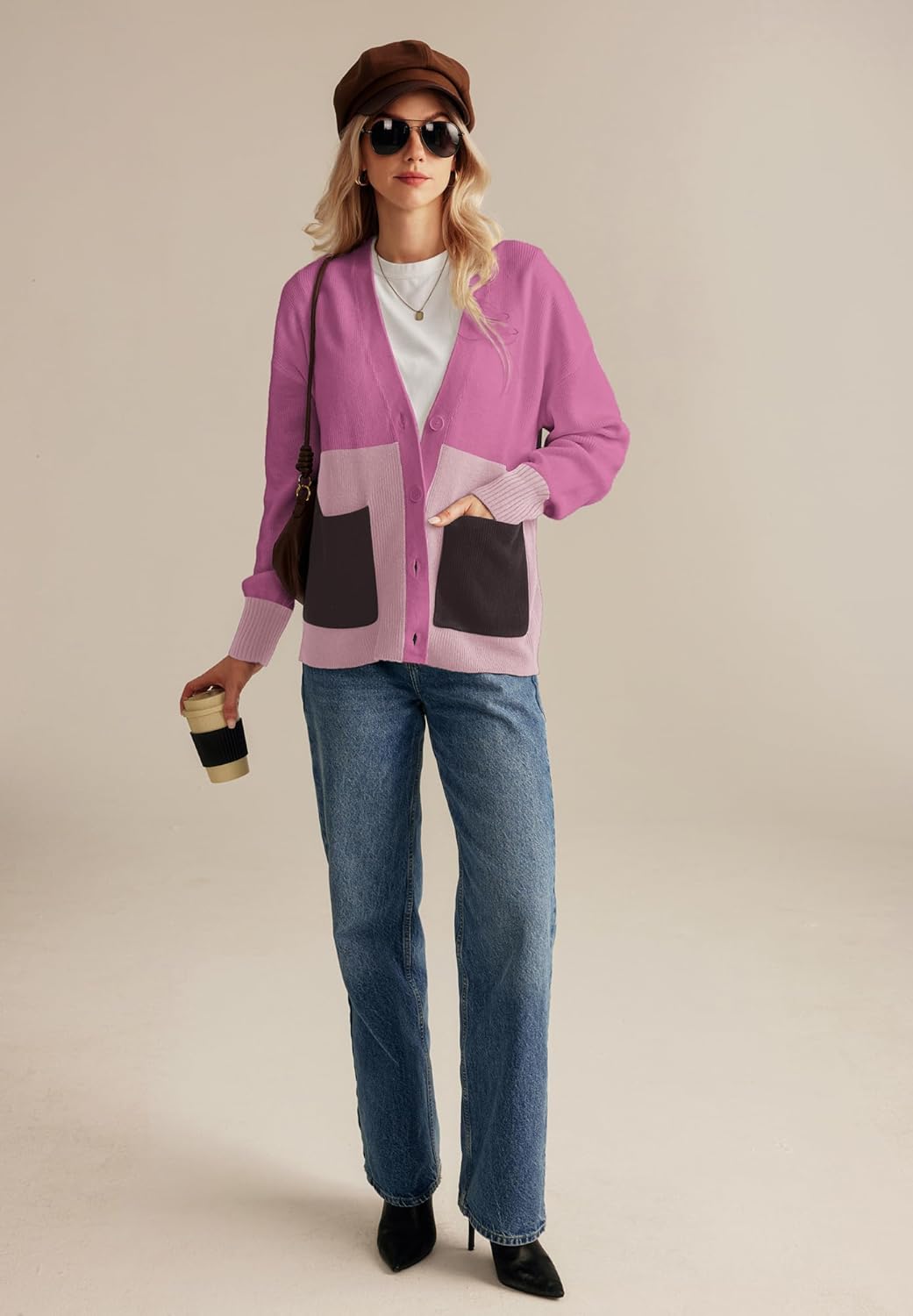 GRACE KARIN Womens Color Block Cardigan Sweater Long Sleeve Oversized Buttons Cardigans 2024 Fall Outfits with PocketsPurple