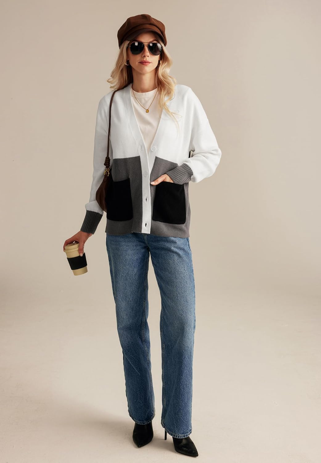 GRACE KARIN Womens Color Block Cardigan Sweater Long Sleeve Oversized Buttons Cardigans 2024 Fall Outfits with PocketsWhite