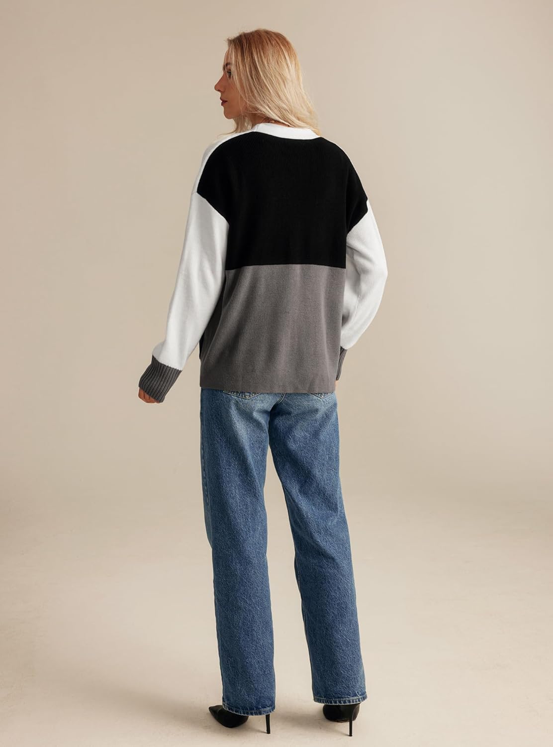 GRACE KARIN Womens Color Block Cardigan Sweater Long Sleeve Oversized Buttons Cardigans 2024 Fall Outfits with PocketsWhite