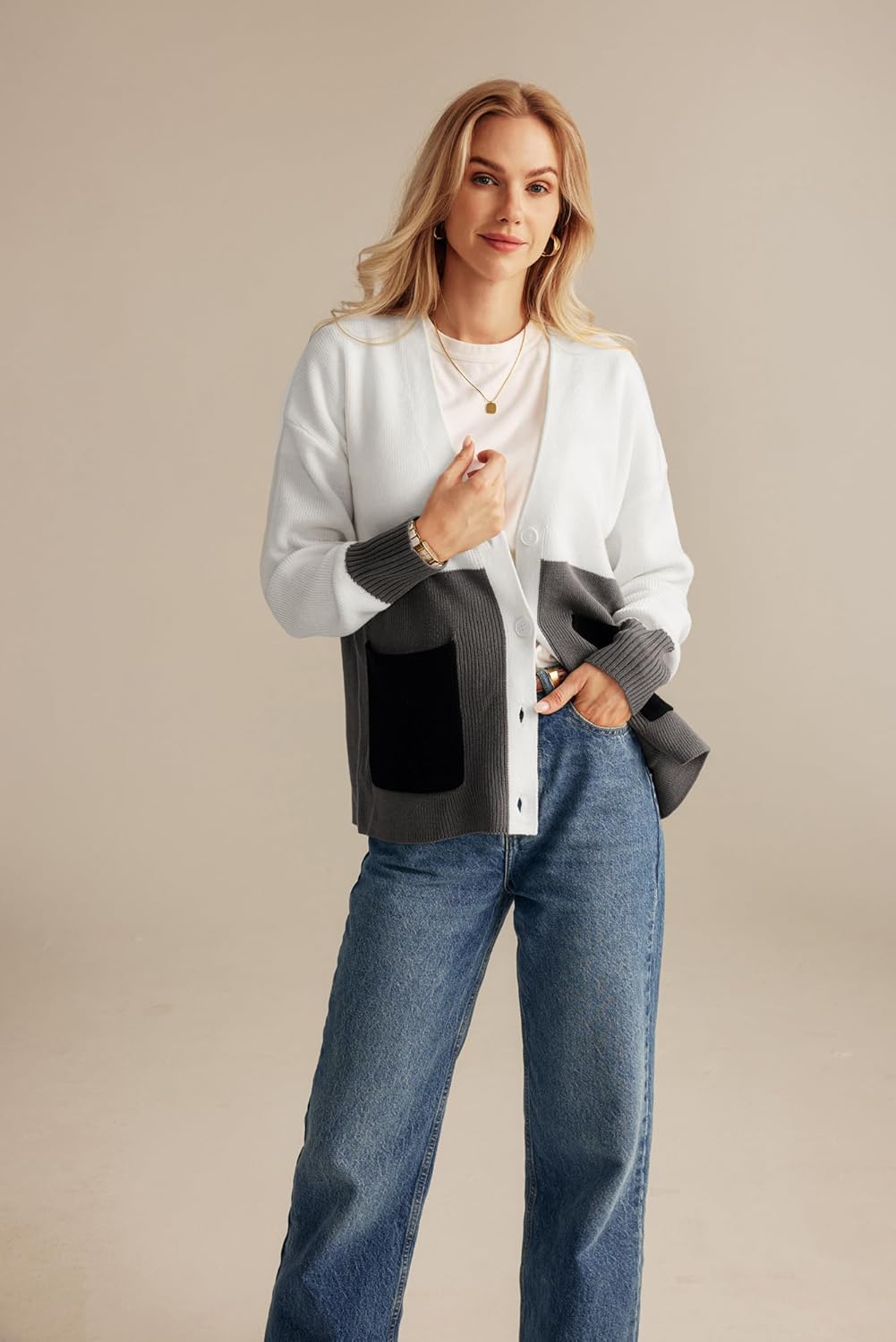 GRACE KARIN Womens Color Block Cardigan Sweater Long Sleeve Oversized Buttons Cardigans 2024 Fall Outfits with PocketsWhite