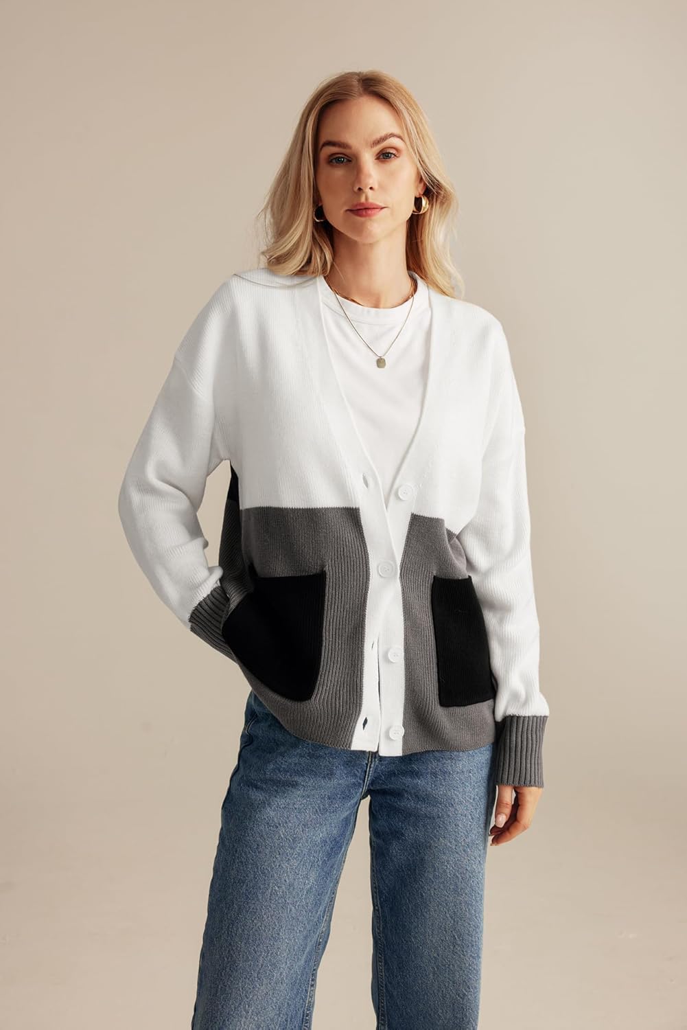 GRACE KARIN Womens Color Block Cardigan Sweater Long Sleeve Oversized Buttons Cardigans 2024 Fall Outfits with PocketsWhite