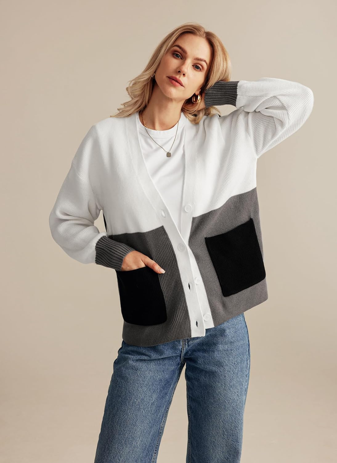 GRACE KARIN Womens Color Block Cardigan Sweater Long Sleeve Oversized Buttons Cardigans 2024 Fall Outfits with PocketsWhite