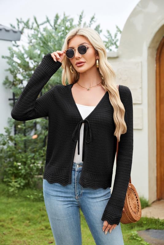 GRACE KARIN Womens Long Sleeve Cardigan Tie Front V Neck Crochet Lightweight Shrug Sweaters for Dresses Knit TopBlack