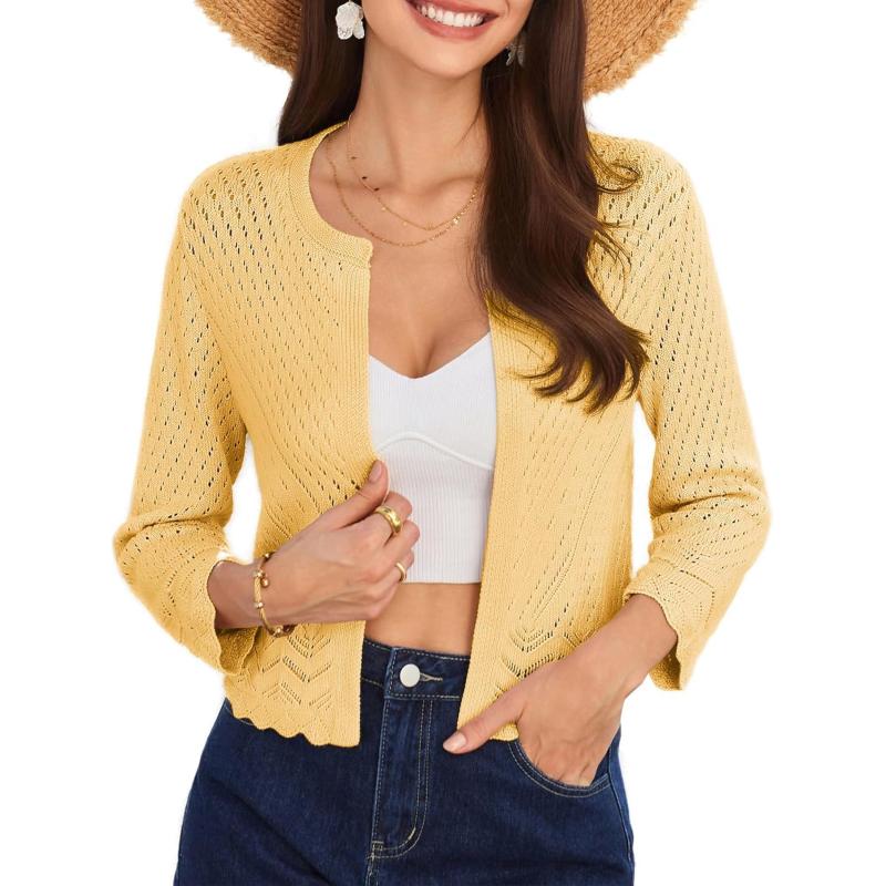 GRACE KARIN 2024 Womens 34 Sleeve Crew Neck HollowedOut Lightweight Cardigan Sweaters Open Front Cropped CardiganLight Yellow