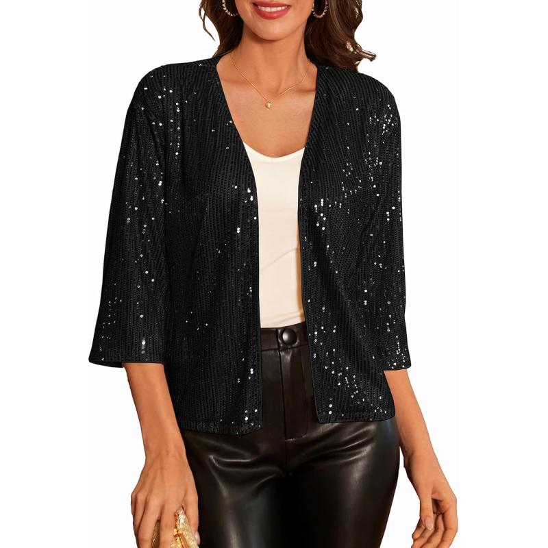 GRACE KARIN 2024 Womens 34 Sleeve Sequin Jackets Open Front Sequin Cardigan Sweaters Blazer S2XLBlack