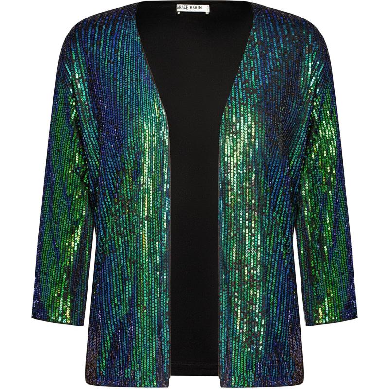 GRACE KARIN 2024 Womens 34 Sleeve Sequin Jackets Open Front Sequin Cardigan Sweaters Blazer S2XLBlue Green