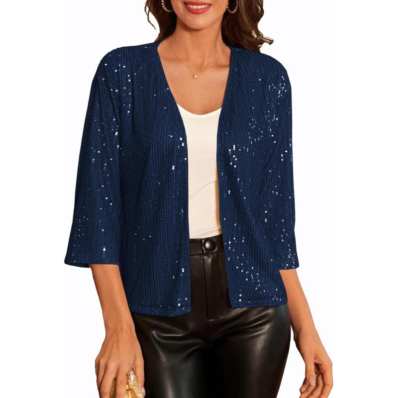 GRACE KARIN 2024 Womens 34 Sleeve Sequin Jackets Open Front Sequin Cardigan Sweaters Blazer S2XLNavy Blue
