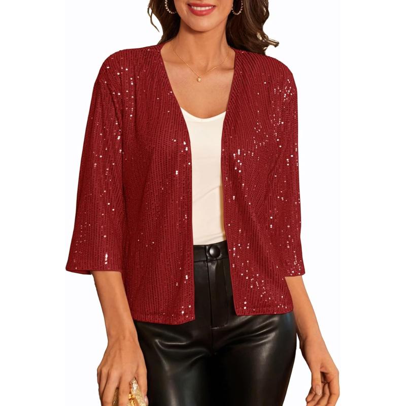GRACE KARIN 2024 Womens 34 Sleeve Sequin Jackets Open Front Sequin Cardigan Sweaters Blazer S2XLRed