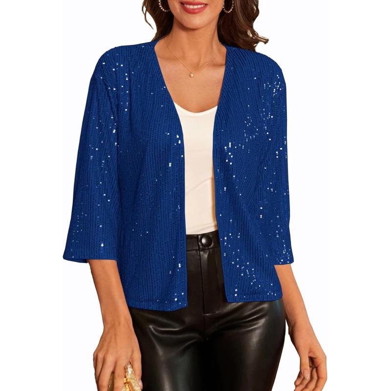 GRACE KARIN 2024 Womens 34 Sleeve Sequin Jackets Open Front Sequin Cardigan Sweaters Blazer S2XLRoyal Blue