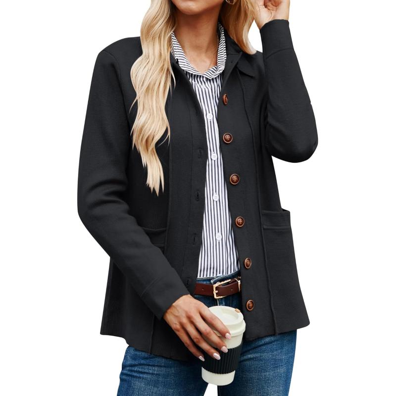 GRACE KARIN Women Casual Cardigan Knit Button Down Shirts Long Sleeve Shacket Jacket with PocketsBlack