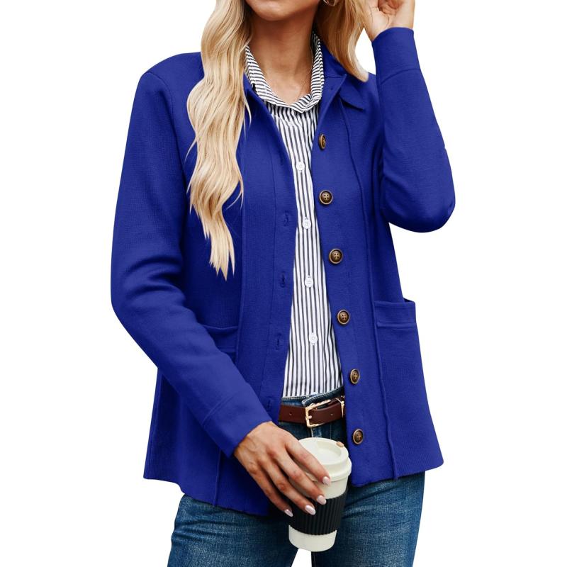 GRACE KARIN Women Casual Cardigan Knit Button Down Shirts Long Sleeve Shacket Jacket with PocketsRoyal Blue