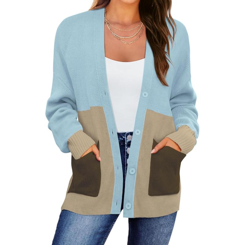 GRACE KARIN Womens Color Block Cardigan Sweater Long Sleeve Oversized Buttons Cardigans 2024 Fall Outfits with PocketsGray Blue