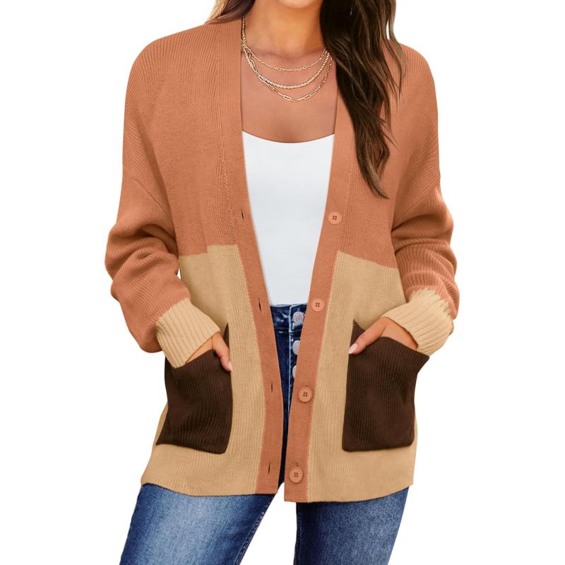 GRACE KARIN Womens Color Block Cardigan Sweater Long Sleeve Oversized Buttons Cardigans 2024 Fall Outfits with PocketsOrange