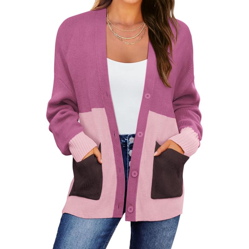 GRACE KARIN Womens Color Block Cardigan Sweater Long Sleeve Oversized Buttons Cardigans 2024 Fall Outfits with PocketsPurple
