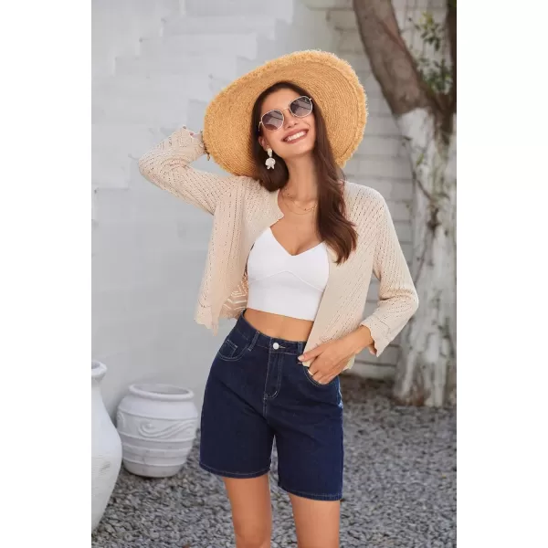 GRACE KARIN 2024 Womens 34 Sleeve Crew Neck HollowedOut Lightweight Cardigan Sweaters Open Front Cropped CardiganApricot