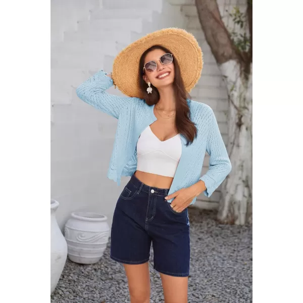 GRACE KARIN 2024 Womens 34 Sleeve Crew Neck HollowedOut Lightweight Cardigan Sweaters Open Front Cropped CardiganLight Blue