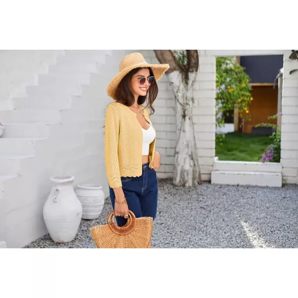 GRACE KARIN 2024 Womens 34 Sleeve Crew Neck HollowedOut Lightweight Cardigan Sweaters Open Front Cropped CardiganLight Yellow