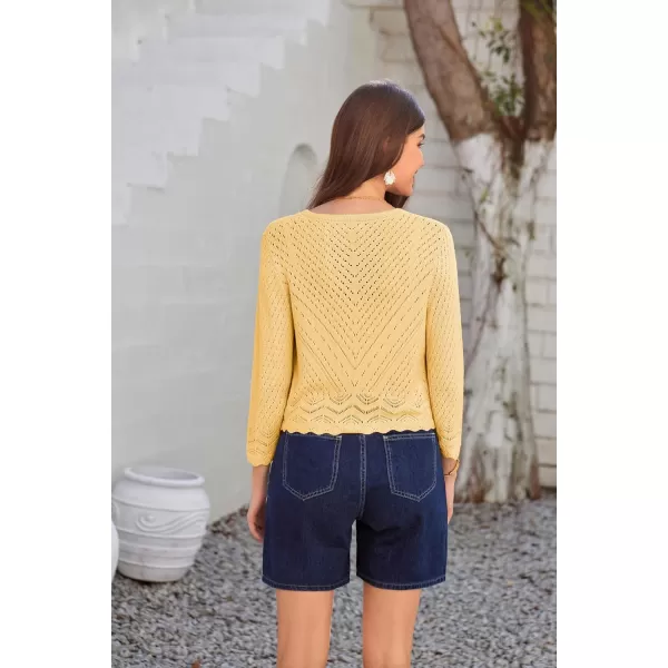 GRACE KARIN 2024 Womens 34 Sleeve Crew Neck HollowedOut Lightweight Cardigan Sweaters Open Front Cropped CardiganLight Yellow