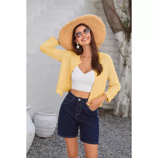GRACE KARIN 2024 Womens 34 Sleeve Crew Neck HollowedOut Lightweight Cardigan Sweaters Open Front Cropped CardiganLight Yellow