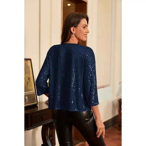 GRACE KARIN 2024 Womens 34 Sleeve Sequin Jackets Open Front Sequin Cardigan Sweaters Blazer S2XLNavy Blue