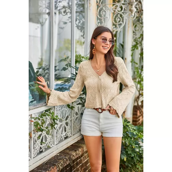 GRACE KARIN Cardigan Sweaters for Women Lightweight Button Down Open Front Short Crochet Shrug Long Sleeve V Neck 2024Apricot