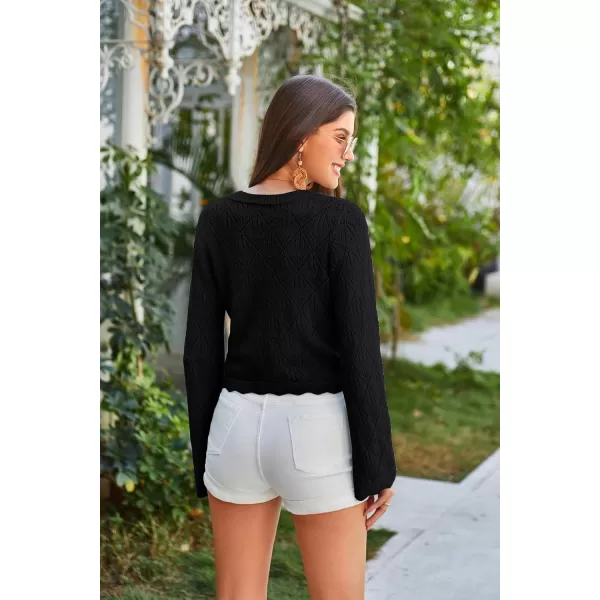 GRACE KARIN Cardigan Sweaters for Women Lightweight Button Down Open Front Short Crochet Shrug Long Sleeve V Neck 2024Black