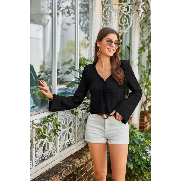 GRACE KARIN Cardigan Sweaters for Women Lightweight Button Down Open Front Short Crochet Shrug Long Sleeve V Neck 2024Black