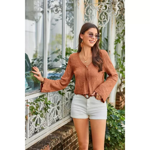 GRACE KARIN Cardigan Sweaters for Women Lightweight Button Down Open Front Short Crochet Shrug Long Sleeve V Neck 2024Orange