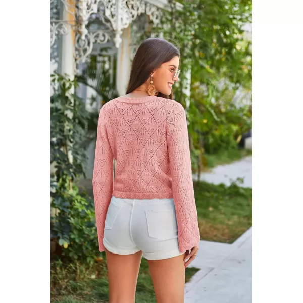 GRACE KARIN Cardigan Sweaters for Women Lightweight Button Down Open Front Short Crochet Shrug Long Sleeve V Neck 2024Pink