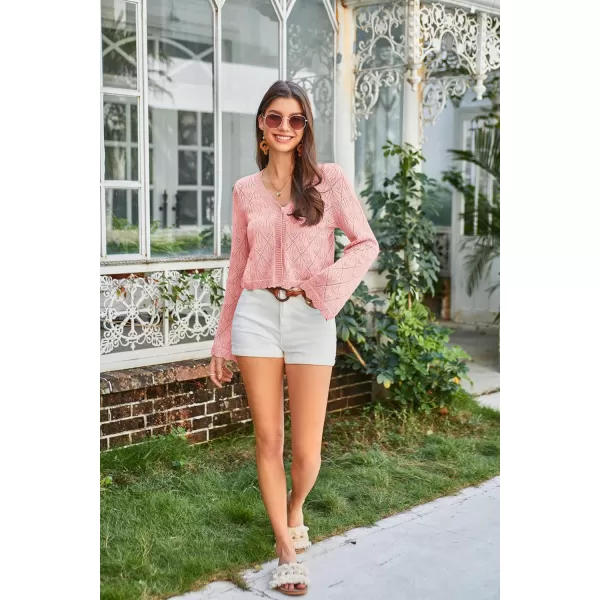 GRACE KARIN Cardigan Sweaters for Women Lightweight Button Down Open Front Short Crochet Shrug Long Sleeve V Neck 2024Pink