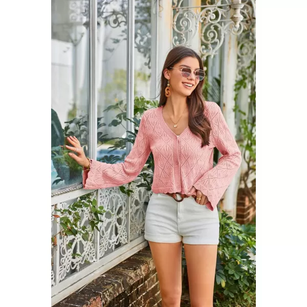 GRACE KARIN Cardigan Sweaters for Women Lightweight Button Down Open Front Short Crochet Shrug Long Sleeve V Neck 2024Pink