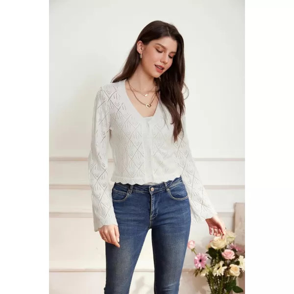 GRACE KARIN Cardigan Sweaters for Women Lightweight Button Down Open Front Short Crochet Shrug Long Sleeve V Neck 2024White