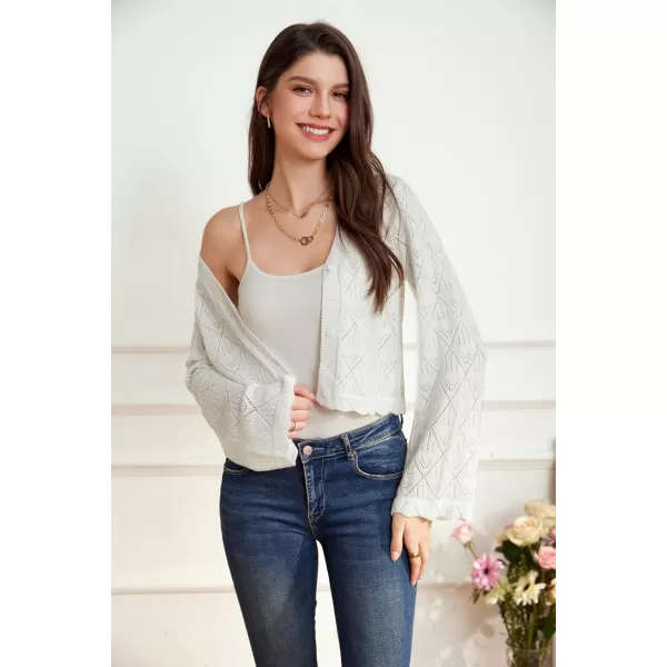 GRACE KARIN Cardigan Sweaters for Women Lightweight Button Down Open Front Short Crochet Shrug Long Sleeve V Neck 2024White