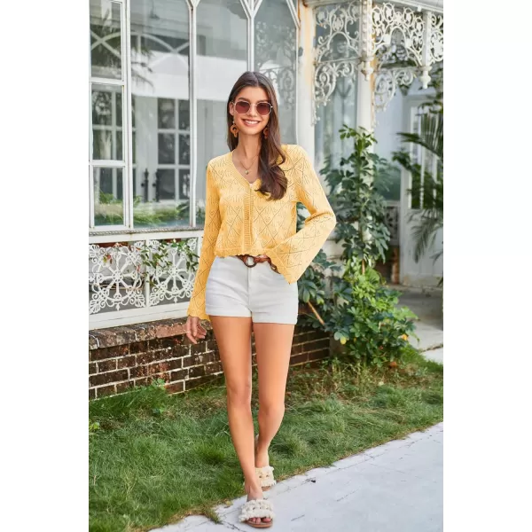GRACE KARIN Cardigan Sweaters for Women Lightweight Button Down Open Front Short Crochet Shrug Long Sleeve V Neck 2024Yellow