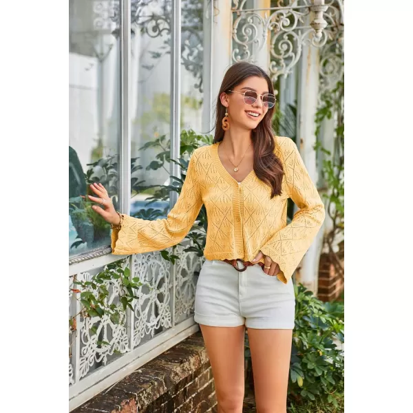 GRACE KARIN Cardigan Sweaters for Women Lightweight Button Down Open Front Short Crochet Shrug Long Sleeve V Neck 2024Yellow