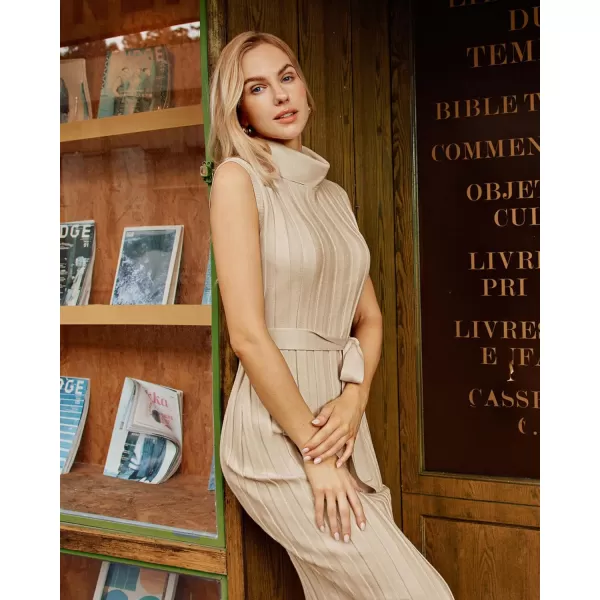 GRACE KARIN Women 2024 Fall Sweater Dress Ribbed Knit Sleeveless Turtleneck Side Slit Bodycon Midi Sweater DressesApricot